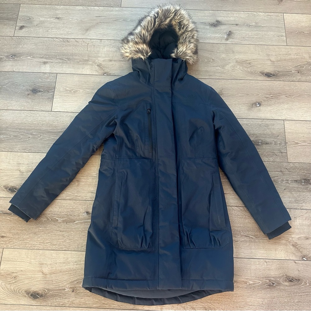 The North Face Long Ski Snow Parka Winter Jacket Navy Blue Fur Hood XS Warm Coat